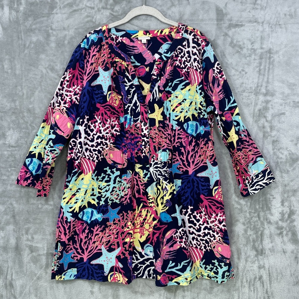 Talbots Dress Size L Cotton Coastal‎ Beach V-Neck Short Vibrant Coral Reef Print